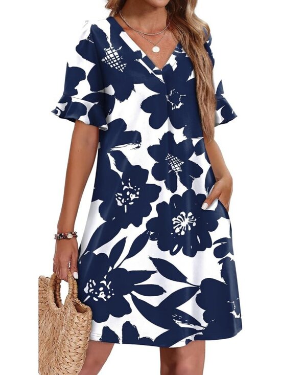 Dresses & Skirts - Women's Pattern Floral White Ruffle Short Sleeve V Neck Casual Shift Mini Dress